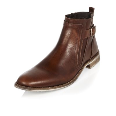 Brown leather strap Chelsea boots